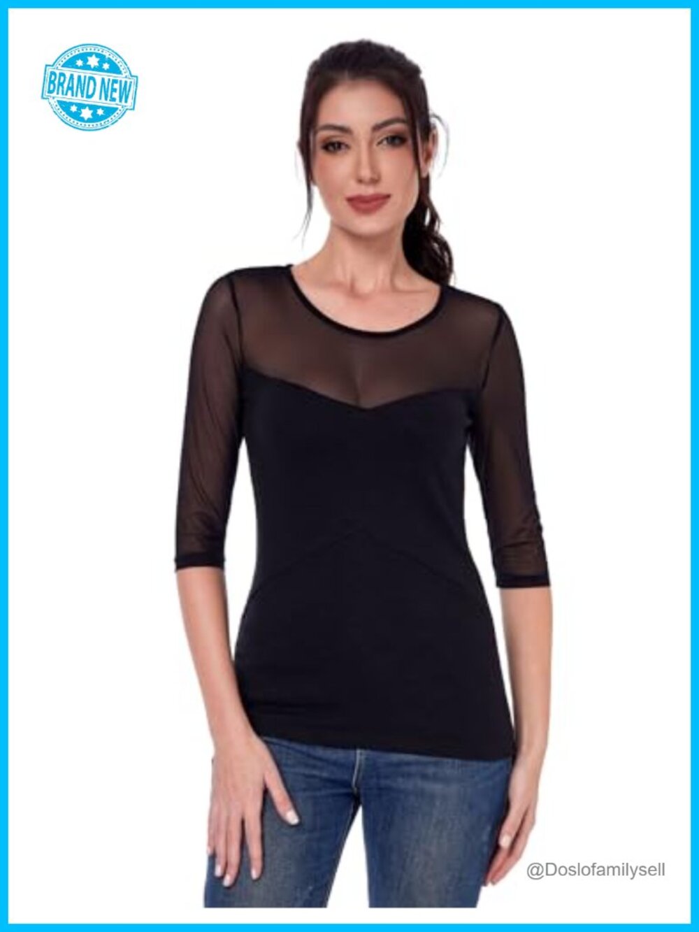 Women Sheer Mesh 3/4 Sleeve Blouse Slim Fit Crewneck Casual Top